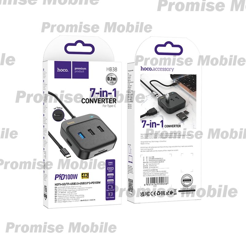 Адаптер Type-C Hoco HB38 (PD 100W/порты HDTV, SD, TF, USB 3.0, USB2.0*2) <черный> ― Розничный PromiseMobile
