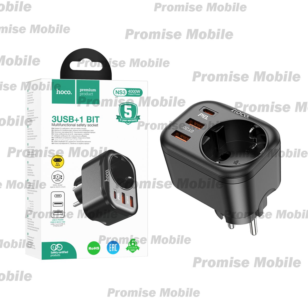 Сетевой фильтр Hoco NS3 (4000W/1 розетка/2 порта USB/QС3.0/порт USB-C PD) <черный> ― Розничный PromiseMobile
